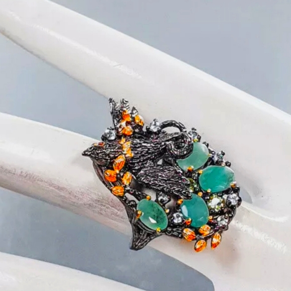 Gorgeous Sterling & Rhodium bird in a nest of Emeralds Peridot & Aquamarines - Picture 3 of 8